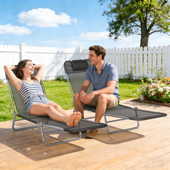 Outsunny Folding Chaise Lounge Pool Chairs, Set of 2 Outdoor Sun Tanning Chairs with Pillow, Five-Position Reclining Back for Beach, Black