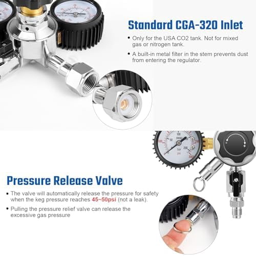 CO2 Regulator for Kegerator CO2 Regulator Beer Keg Regulator CO2 Kegerator Regulator CGA-320 Co2 Tank Regulator Dual Stage CO2 Regulator Kegerator Parts Draft Beer Regulator Gauges