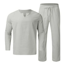 JLFKNG Men 2 Pieces Cotton Linen Set Shirt Long Sleeve And Casual Beach Pants Summer Yoga Outfits Comfy Summer Clothes