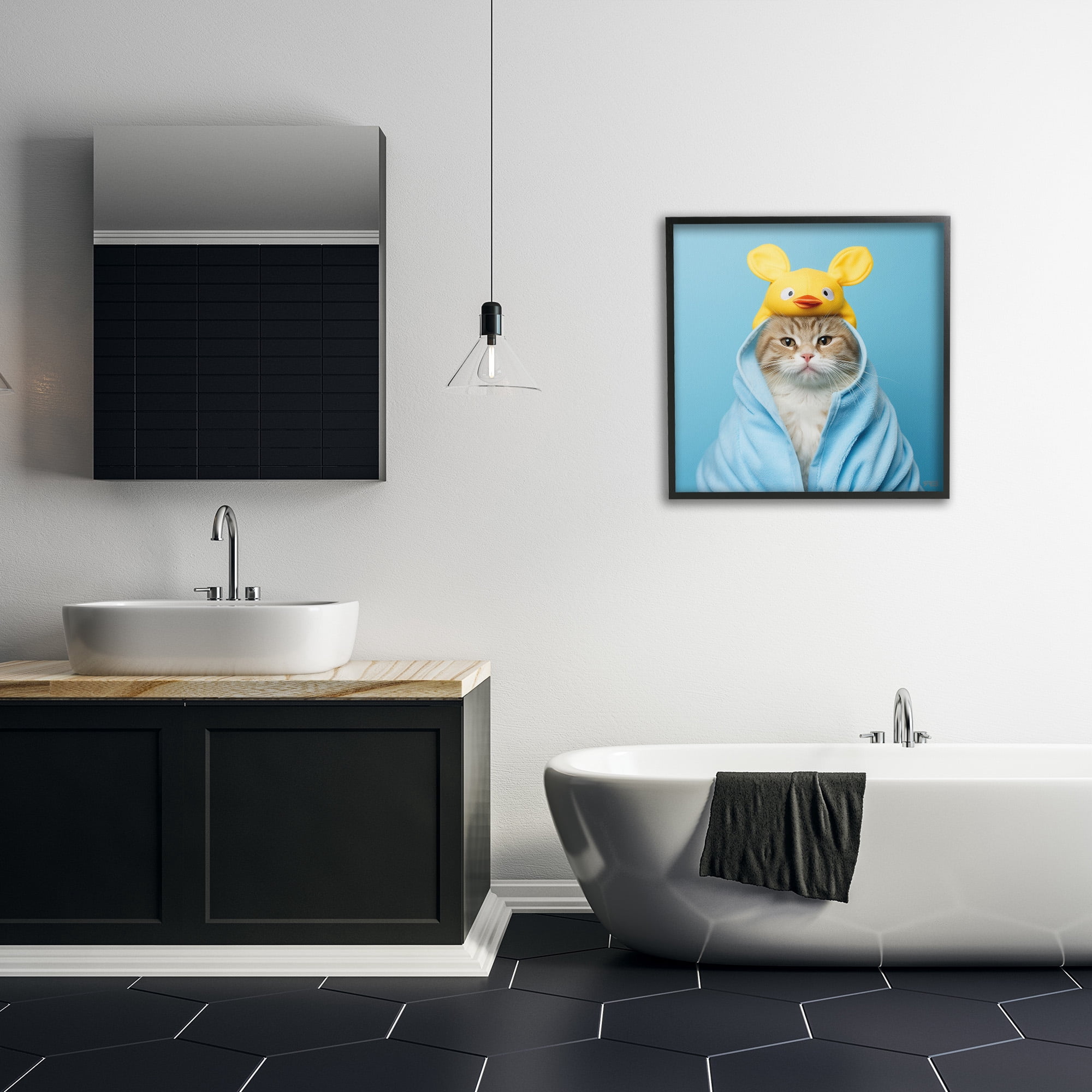 Stupell Industries Cat in Cozy Bathrobe Animals & Insects Painting Black Framed Art Print Wall Art, 24 x 24