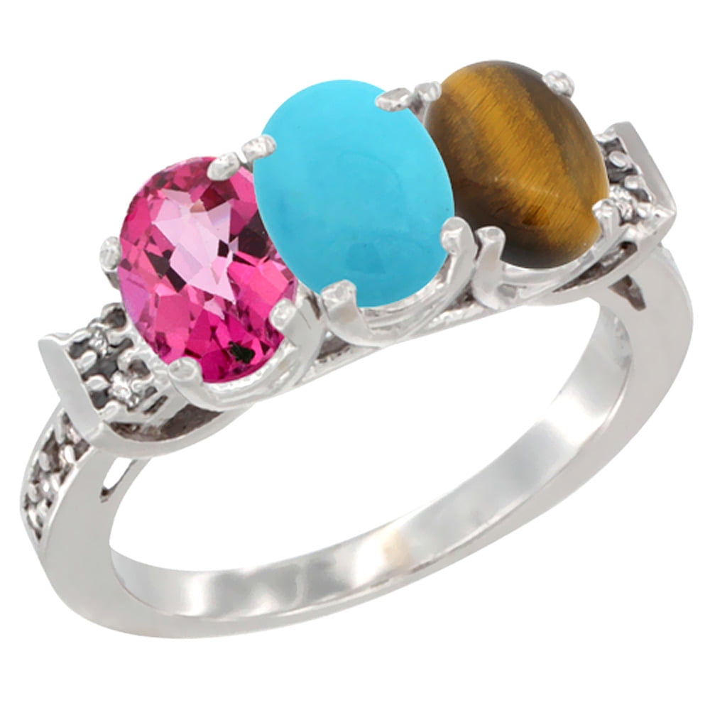 14K White Gold Natural Pink Topaz, Turquoise & Tiger Eye Ring 3-Stone Oval 7x5 mm Diamond Accent, sizes 5 10 by WorldJewels