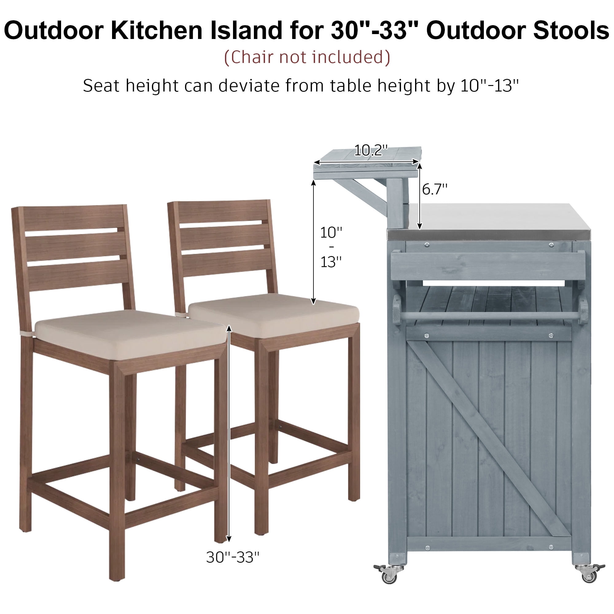 BIGWOO Outdoor Kitchen Island with Solid Wood Storage Cabinet with Stainless Steel Top, 53.3” Grayish Blue
