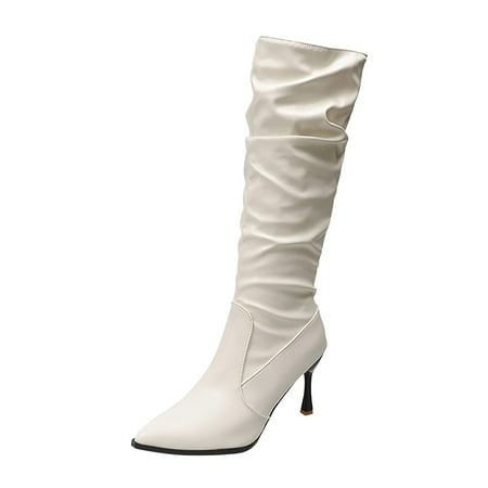 GHSOHS Cowboy Boots for Women Mid Calf Cowboy Boots for Women Spicy Girl PU Party Knee High Boots High Heels Over Knee Pleated Suede Long Boots Rain Boots Dress Shoes Lace Up Boots Size 38