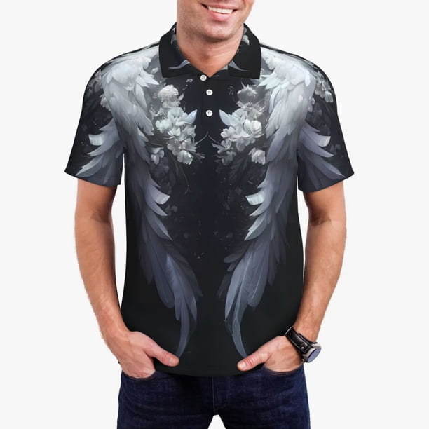Balery Elegant Feathered Floral Wings Camisa Polo de Hombre con Estampado, de Manga Corta y Tejido Medio, Camisa Tipo Golf Polo-Large