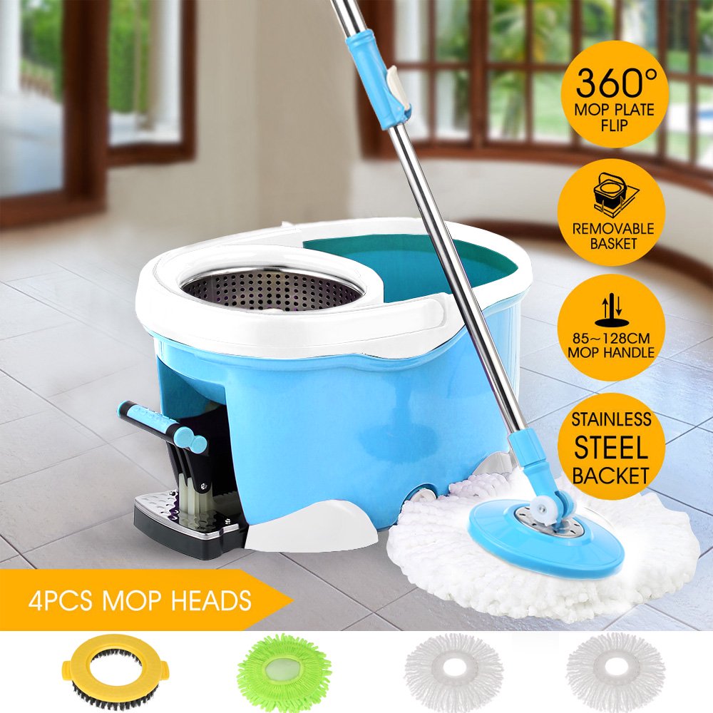 iKayaa Handsfree Stainless Steel 360°Rotating Spin Mop Bucket Set with