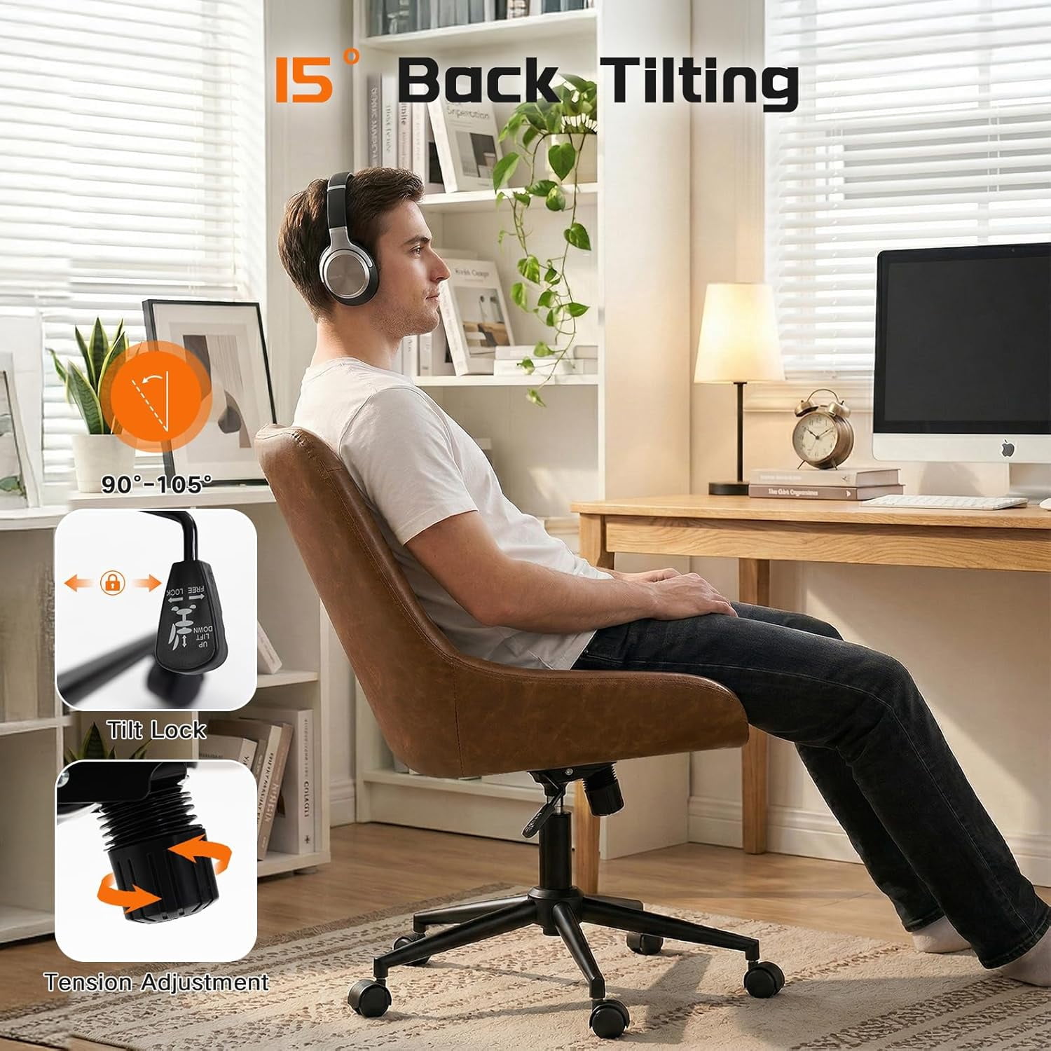 Faux Leather Home Office Chair，Comfortable Armless Task Chair Swivel Rolling Adjustable Height Home Office
