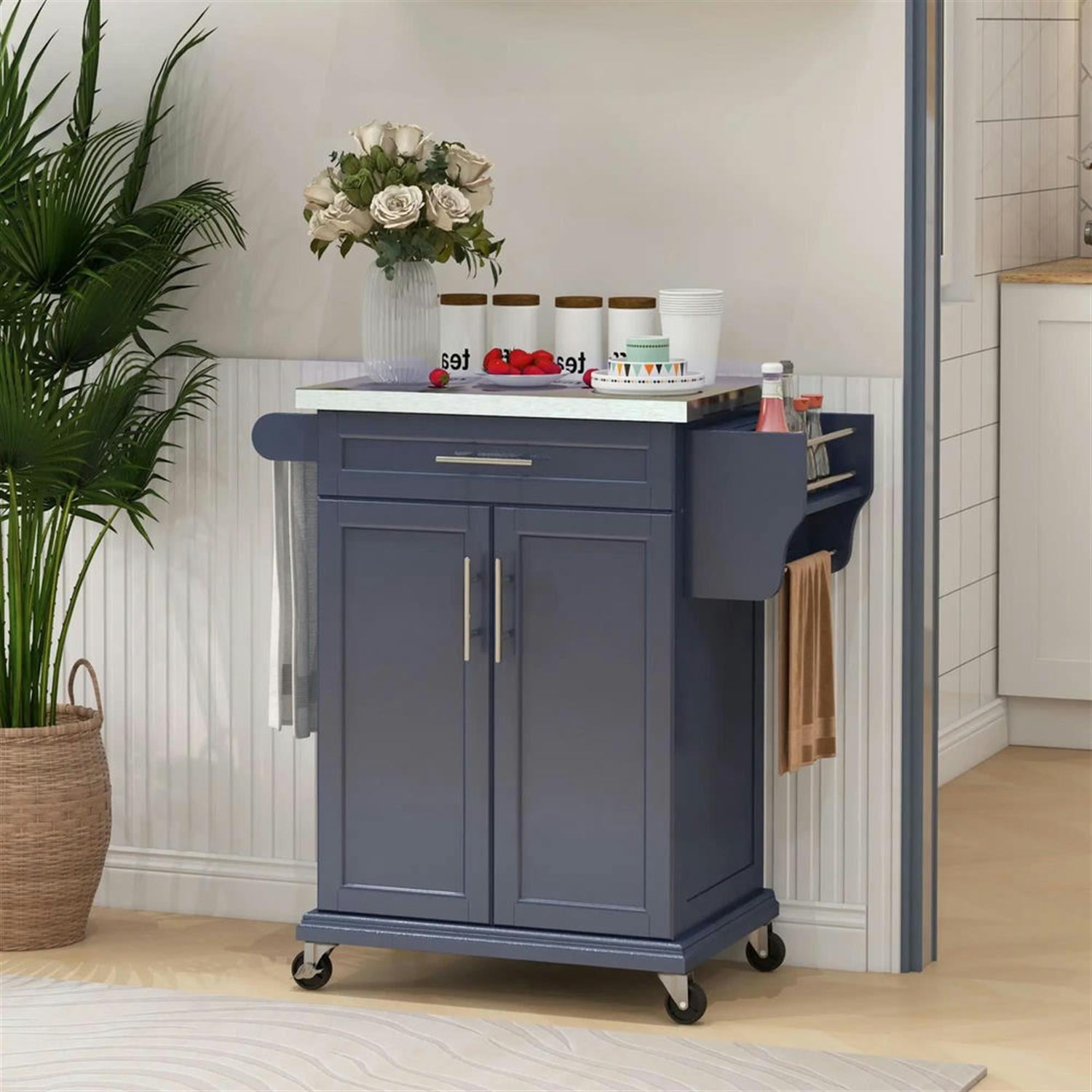 Demi Bonn 35" Kitchen Island Cart on Wheels with Stainless Steel Top, Rolling Dining Room Serving Utility Carts Mobile Movable with Towel Rack, Gray