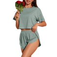 thumbnail image 4 of MVRLSH Womens Lounge Pajama Sets Striped Print Short Sleeve Tee Side Split Short Two Piece Summer Soft Comfortable Tank Tops Green Size XL, 4 of 7