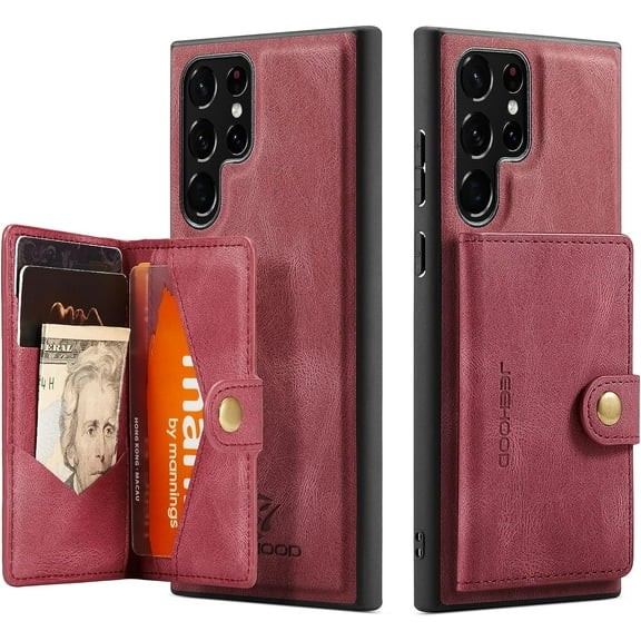 Case for Samsung Galaxy S22 Ultra [Not for S22 or S22 Plus], Detachable Magnetic Wallet Credit Card Slot Kickstand Cover Support Wireless Charging Compatible with Samsung Galaxy S22 Ultra (Red)