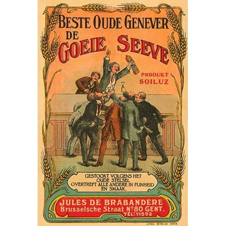 An early Dutch liquor label featuring Dutchmen crowding a bar for a taste of the best drink of Goeie Seeve  According to the label made according to the old scheme exceed all other in delicacy and