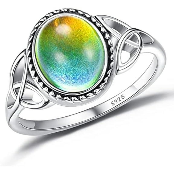 Jstyle 1 pc 925 Sterling Silver Mood Ring for Women Vintage Celtic Knot Rings Jewelry 18K White Gold Plated Oval Solitaire Mood Ring Temperature Control Color Change Mood Ring
