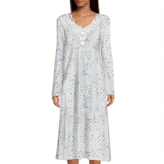 Dignity Pajamas Open Back Nightgown Women Long Sleeve-Bedridden-Floral Print-Snap-Lace Trim-Patient Gown-LS-220-Ivo Blu-S-M -2