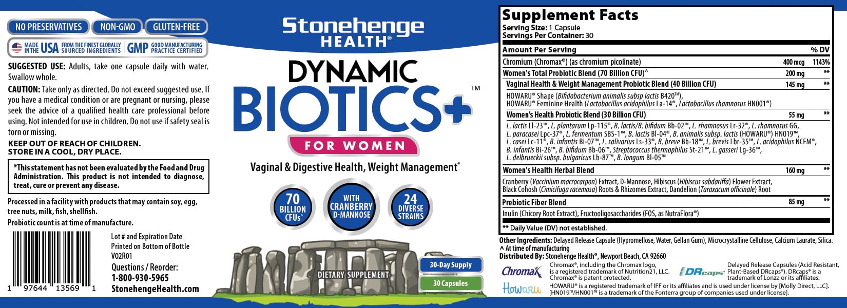 Stonehenge Health Probiotics 70 Billion CFU + 24 Strains, Prebiotic, Dynamic Biotics+ for Women, New Formula for Weight Management, Digestive & Vaginal Support, Delayed Release Shelf Stable Non-GMO