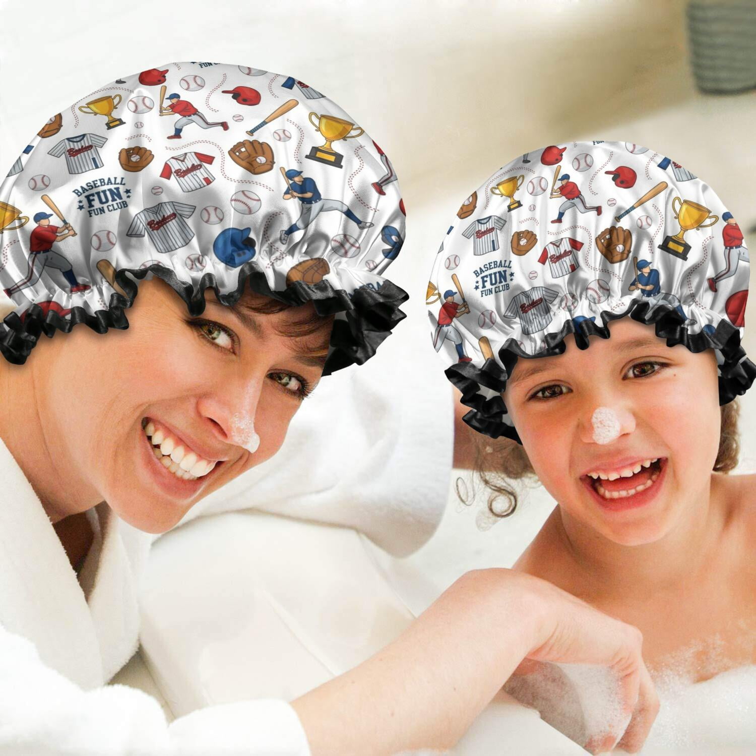 Shower Caps,White Baseball Elements Pattern Waterproof Shower Cap for Women 4 Pieces,Double Reusable Hair Cover for Shower PEVA Elastic Stretch Hem