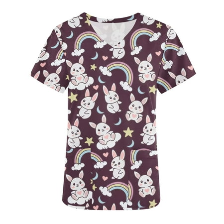 

Women s Happy Easter Day Scrub_Tops Cute Bunny Rabbit Graphic Pattern Tees Woman Short Sleeve Western Shirts V Neck Nurse Uniforms with Pockets T Shirt Lady Vintage Summer Tunic Purple XL