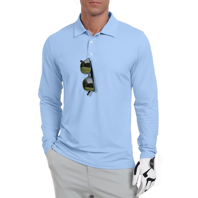 Polos de golf Askdeer de manga larga UPF 50+ para hombre, color azul claro