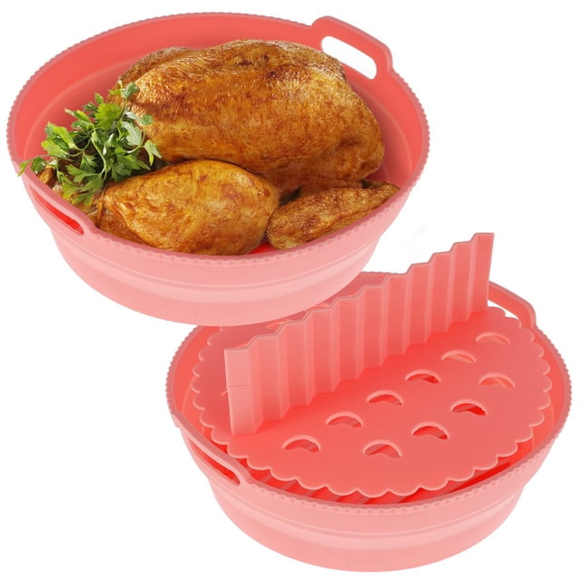 2Pcs Air Friteuse Pot en Silicone avec Poignée Réutilisables Air Friteuse Paniers Pliable Air Friteuse Accessoires Doublures pour Air Friteuse Four Micro-Ondes
