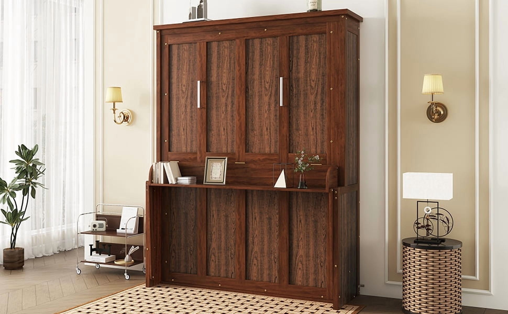 Mintazer Queen Size Murphy Bed with Shelf, Foldable Wall Cabinet Bed for Living Room Bedroom Apartment, Walnut