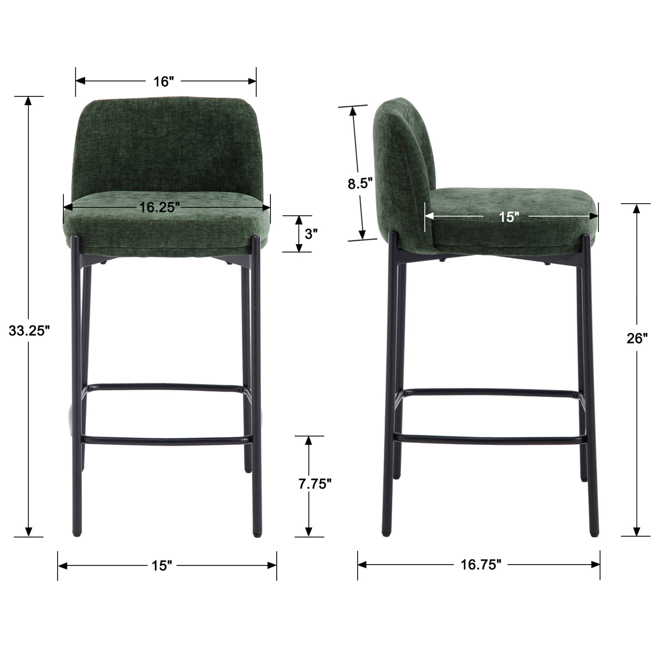 Guyou 26" Modern Counter Height Bar Stools Set of 6, Chenille Upholstered Boucle Bar Stools, Armless Kitchen Island Chairs for Dining Room Bar Bistro, Green
