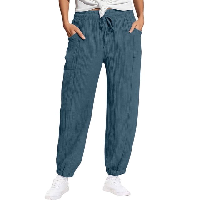 Women's Linen Pants, High Waisted Elastic Waist Wide Leg Casual Summer Pants With Pockets, Tapered Ankle