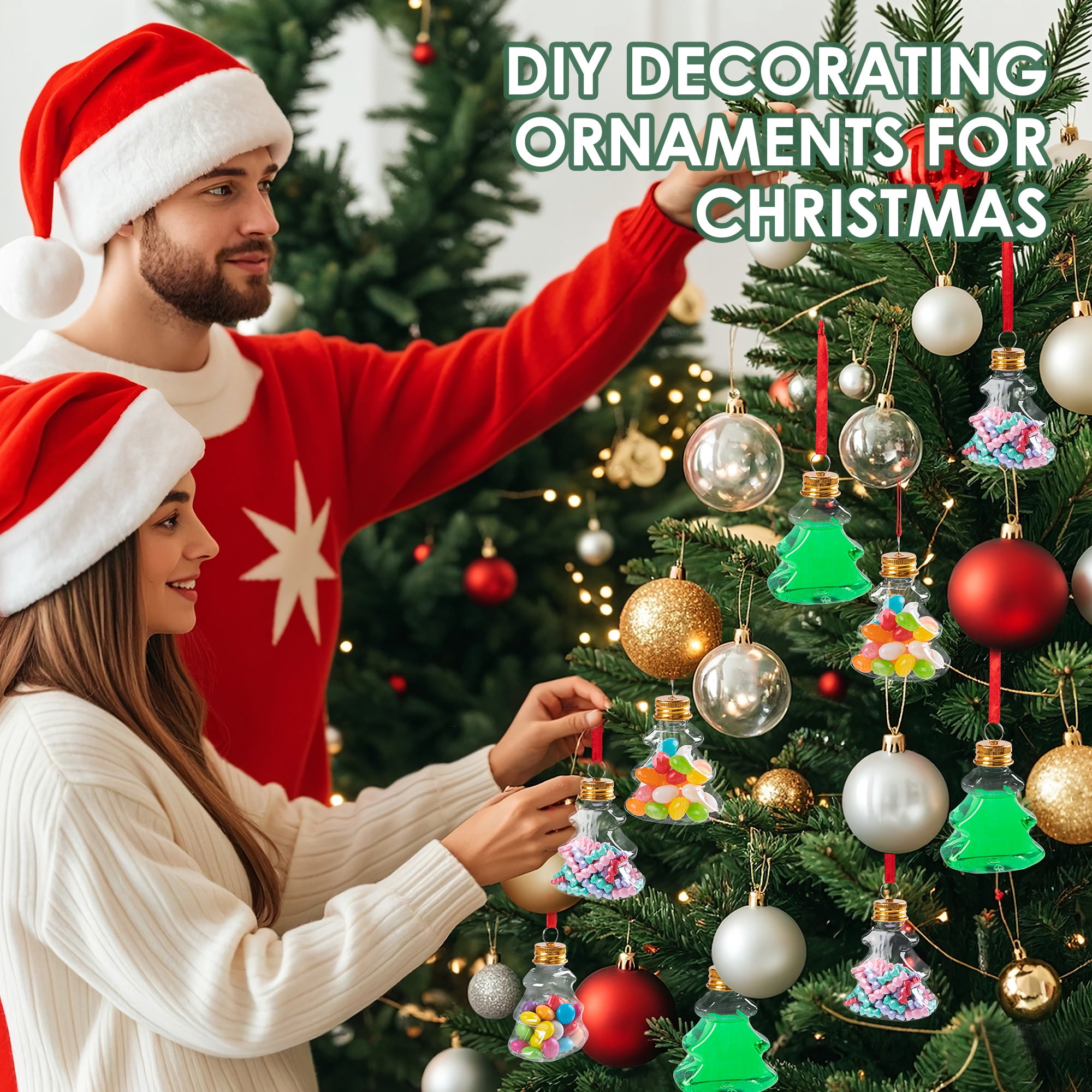 Fillable Christmas Ornament Drink Balls, 50ml Reusable Plastic Tree-Shape Baubles for Hanging Holiday Decor, 6 Pack