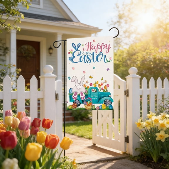 AZXY Happy Easter Garden Flag 12x18 Inch, Double-Sided Linen Bunny in Blue Truck with Easter Eggs Tulip Print Outdoor Yard Flag for Front Yard Porch Spring Holiday Decorations