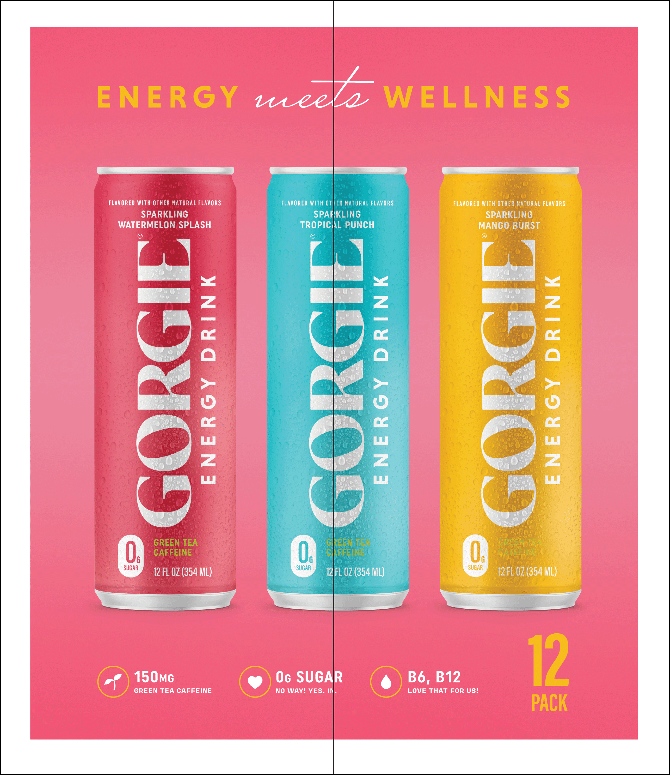 GORGIE Sparkling Energy Drink Variety Pack, 0 Sugar, Natural Caffeine from Green Tea, 12 fl oz (Pack of 12)