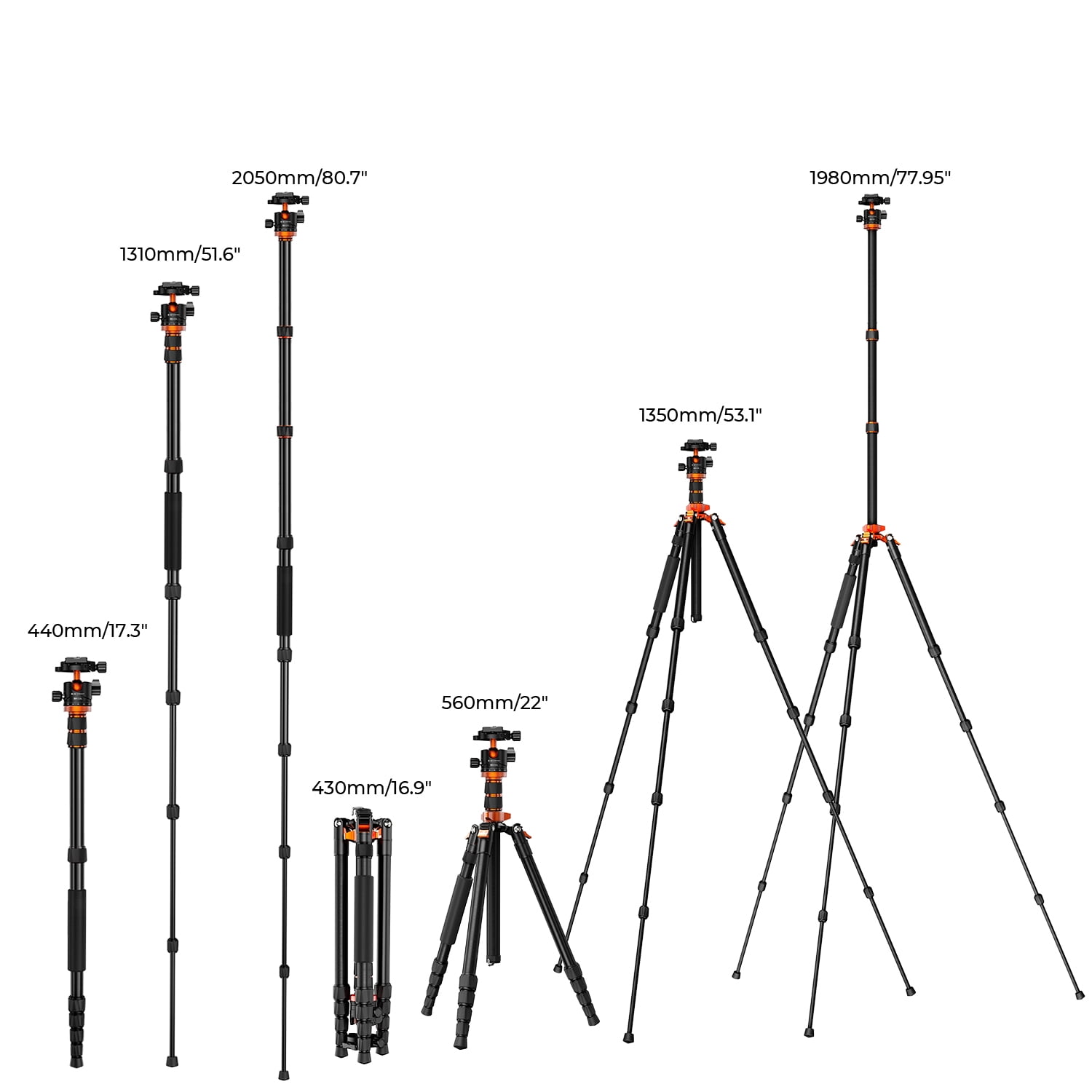 K&F Concept 78"/198cm Aluminum Camera Tripod for DSLR Cameras,Portable 26.4lbs/12KG Load Travel Tripod with 3-Section Central Axis, 360 Degree Metal Ball Head