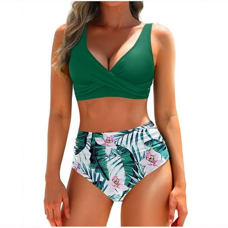 WREESH Women s Striped Patchwork Bikini Set Fashion Split Two-Piece Swimsuit Adjustable Side Ties Green