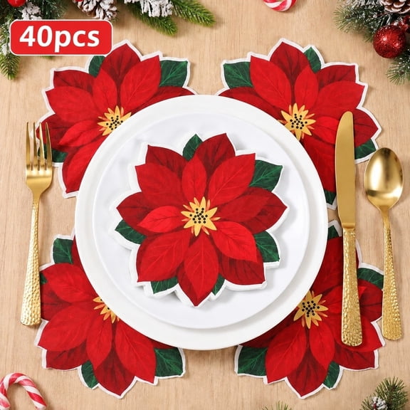 40 Pack Christmas Poinsettia Napkins, 6.5 Inch Red Flower Shaped Paper Napkins for Cocktail Dinner & Party Table