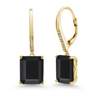 Gem Stone King 11.64 Ct Octagon Black Onyx White Diamond 18K Yellow Gold Plated Silver Earrings