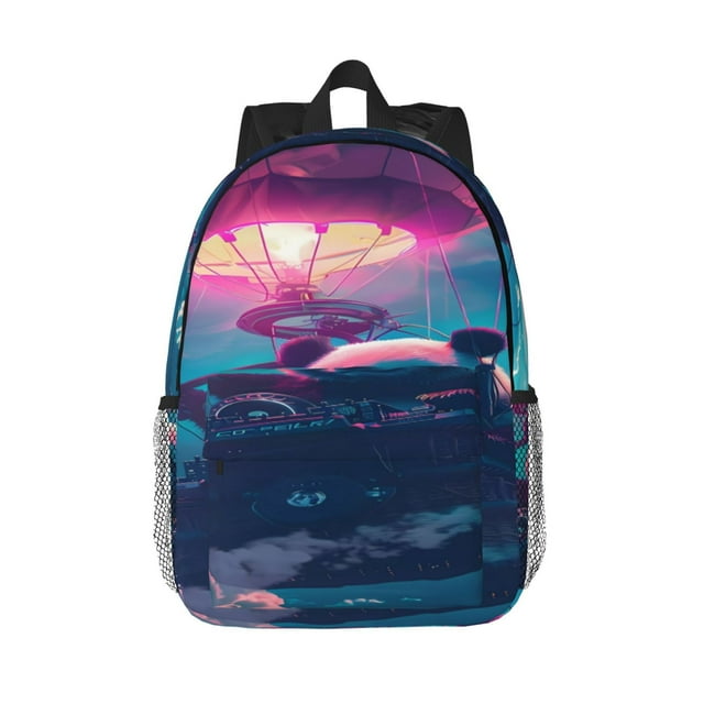 Lukts DJ Panda Hot Air Balloon Pattern 15 Inch Student Backpack, Waterproof Laptop Backpack with Adjustable Shoulder Straps, Lightweight Travel, Campus Backpack, Unisex