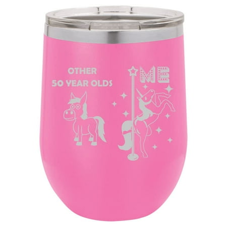 

12 oz Double Wall Vacuum Insulated Stainless Steel Stemless Wine Tumbler Glass Coffee Travel Mug With Lid 50 Year Old Superstar Unicorn Funny 50th Birthday (Hot Pink)