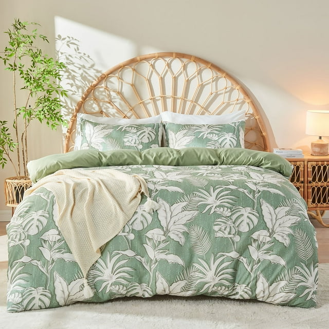 Gogreen King Duvet Cover Floral, Soft & Breathable Microfiber 3 Pieces King Bedding Sets, Pattern King Comfy Duvet Cover, with Zipper Closure (Green Leaf, King)