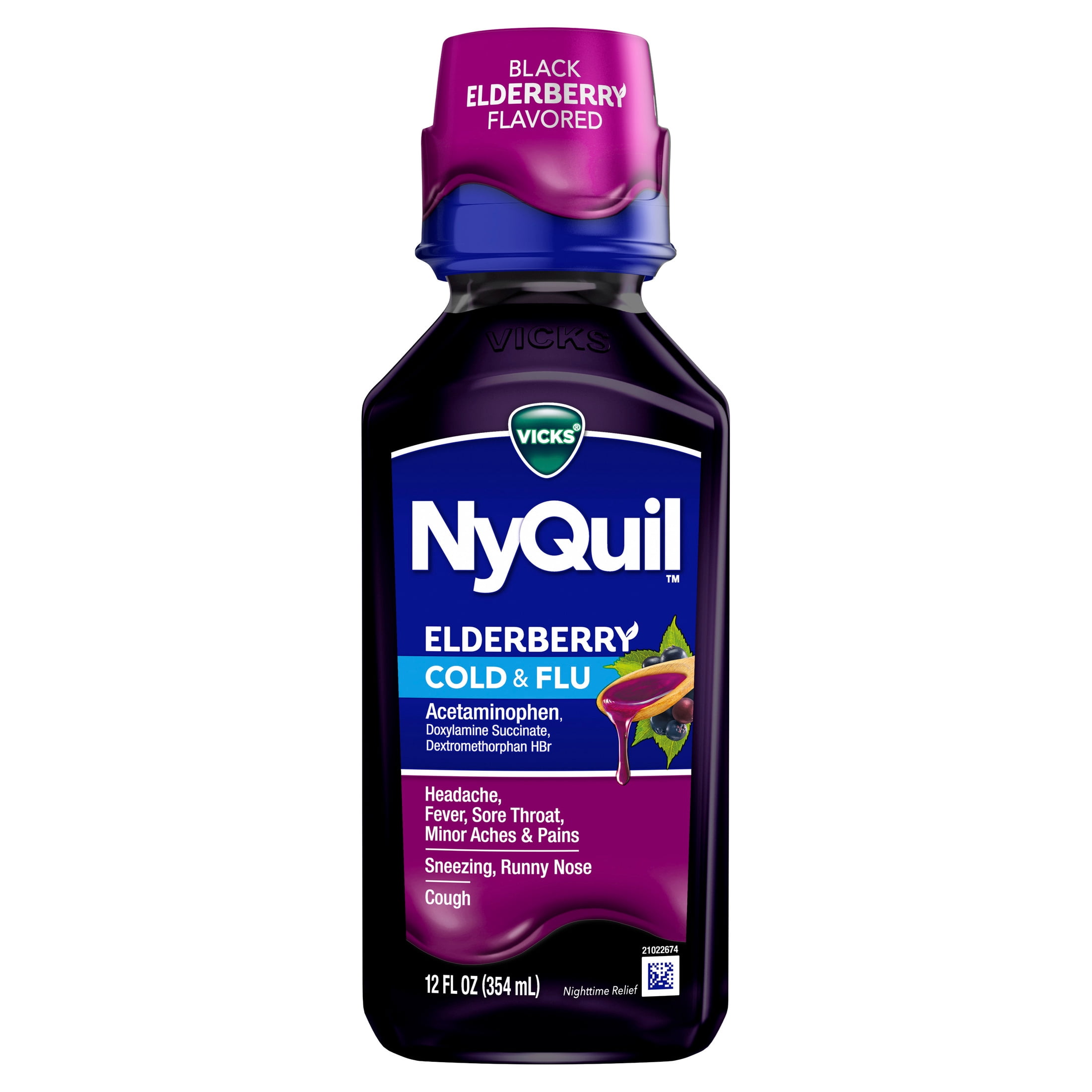 VICKS NyQuil Cold & Flu Medicine, Nighttime Relief, Elderberry Flavor, 12 fl oz