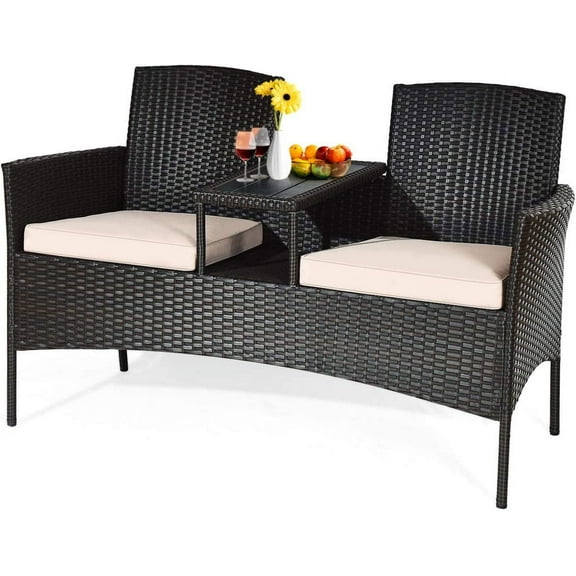 HAPPYGRILL Outdoor Loveseat with Removable Cushions and Coffee Table, Rattan Patio Wicker Conversation Set for Garden Lawn Backyard