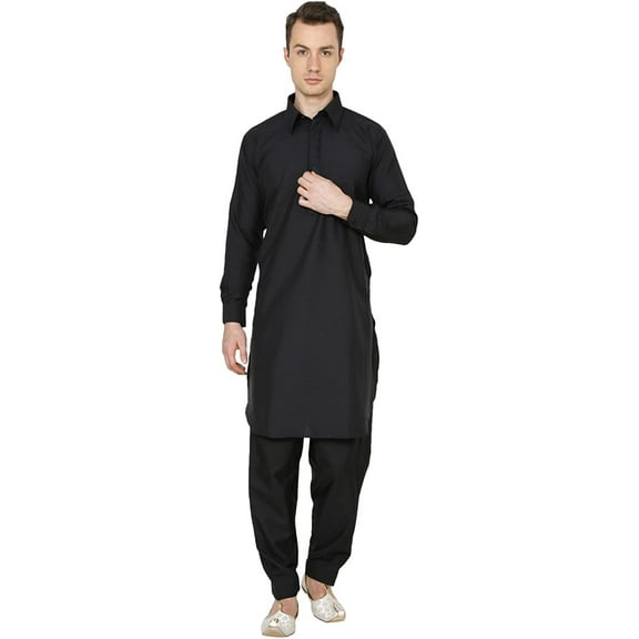 Royal Kurta Mens Cotton Blend Pathani Set Black