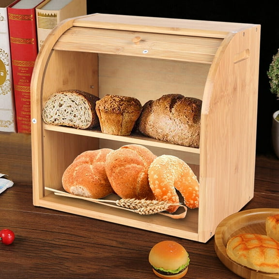 2 Layer Natural Bamboo Bread Box Large Capacity Kitchen Storage Container with Arched Door Countertop Bread Bin for Kitchen,15 * 9.8 * 14.5inch