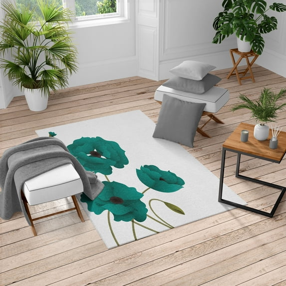 Floral Turkish Area Rug, Poppy Flowers Vivid Petals Buds Pastoral Purity Mother Earth Nature Design, Soft Carpet for Living Room Decor with Distressed Look, 6.6' X 9.6', Jade Green, by Ambesonne
