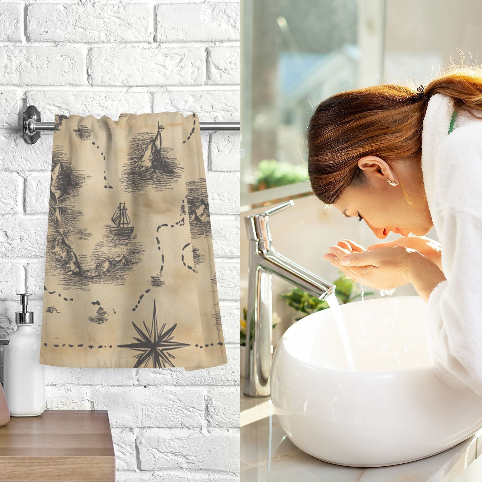 Treasure Map Hand Towels Cotton Bath Towels Large Face Towels Absorbent for Bathroom 2 Packs