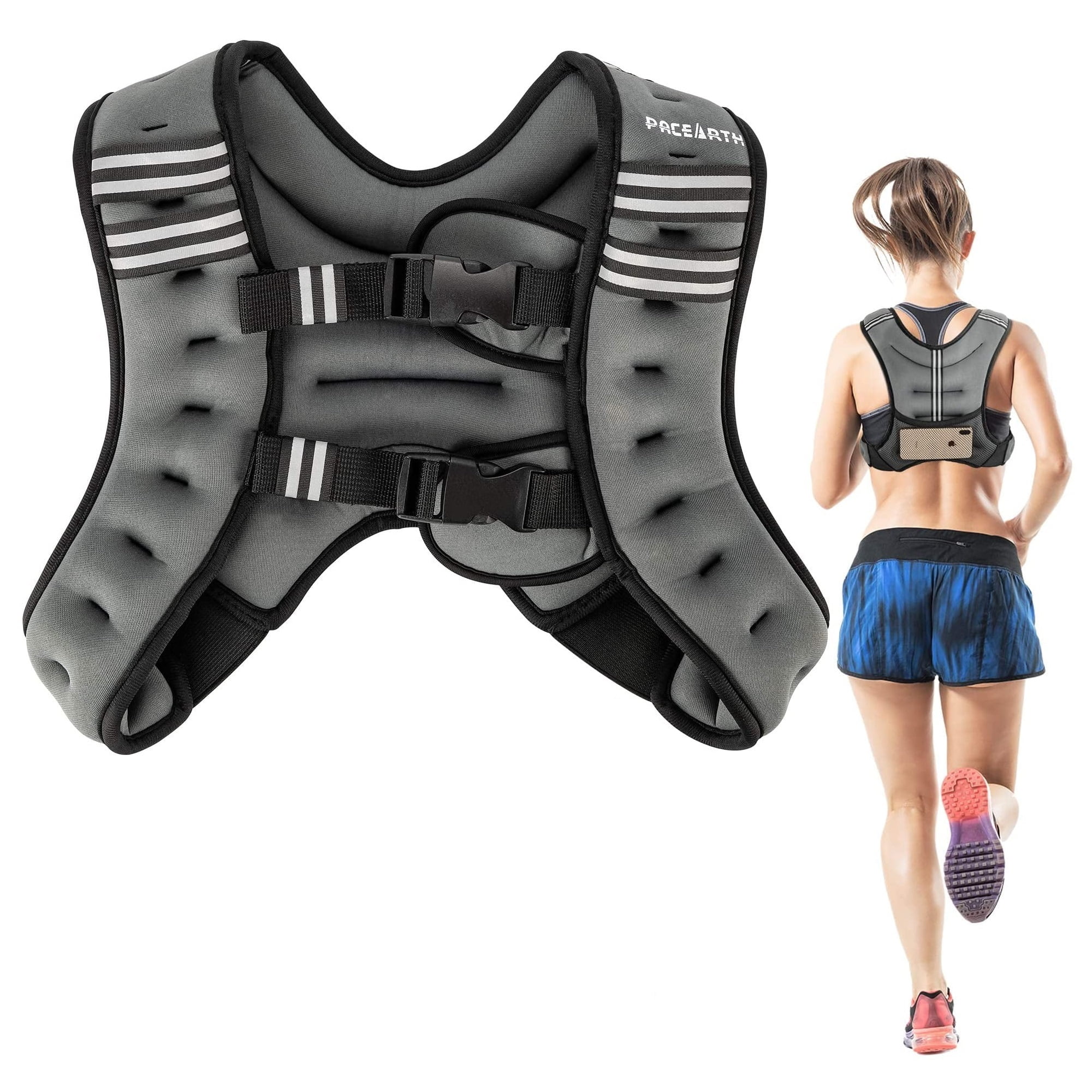 PACEARTH Gilet lesté, 2,7 kg/5,4 kg/7,3 kg/9,1 kg/11,3 kg/13,6 kg avec bande réfléchissante, gilet de poids réglable pour homme, femme, entraînement, musculation, course, marche, jogging