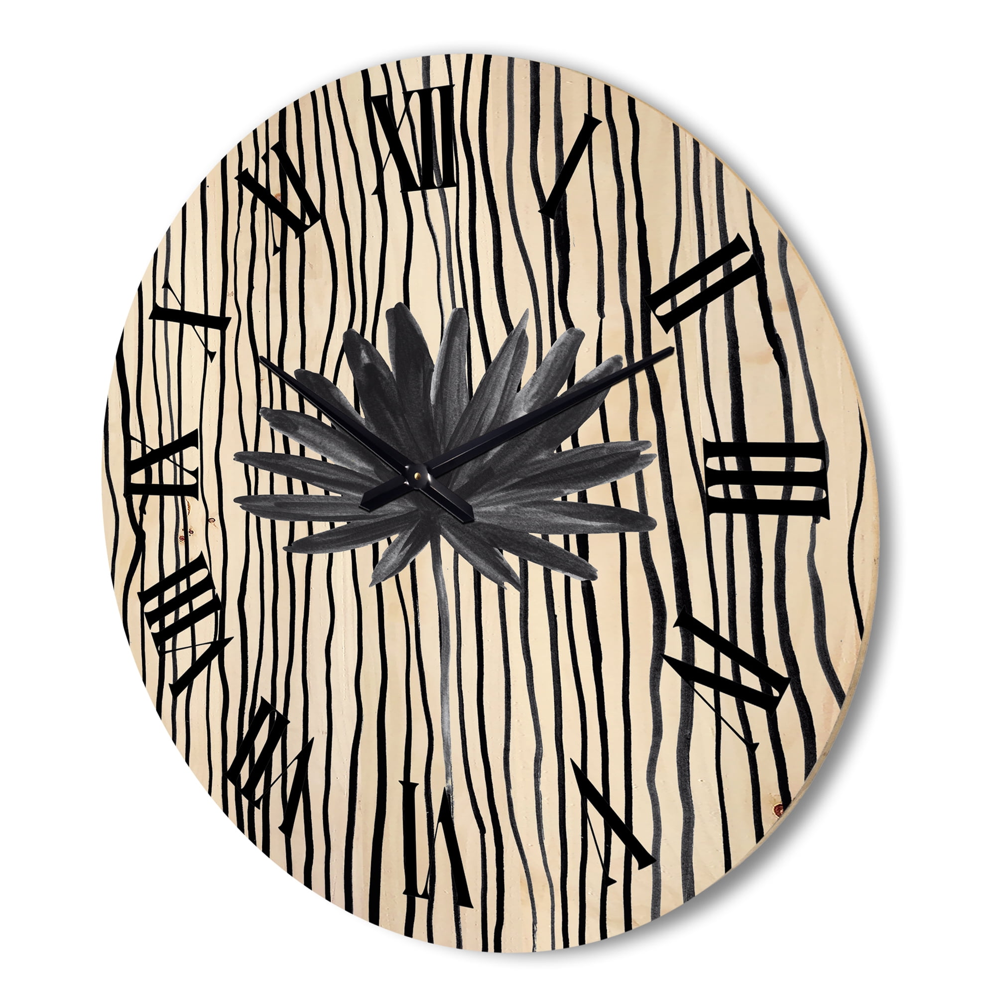 Designart 'Black and White Striped Under Tropical Leaf III' Modern Wood Wall Clock