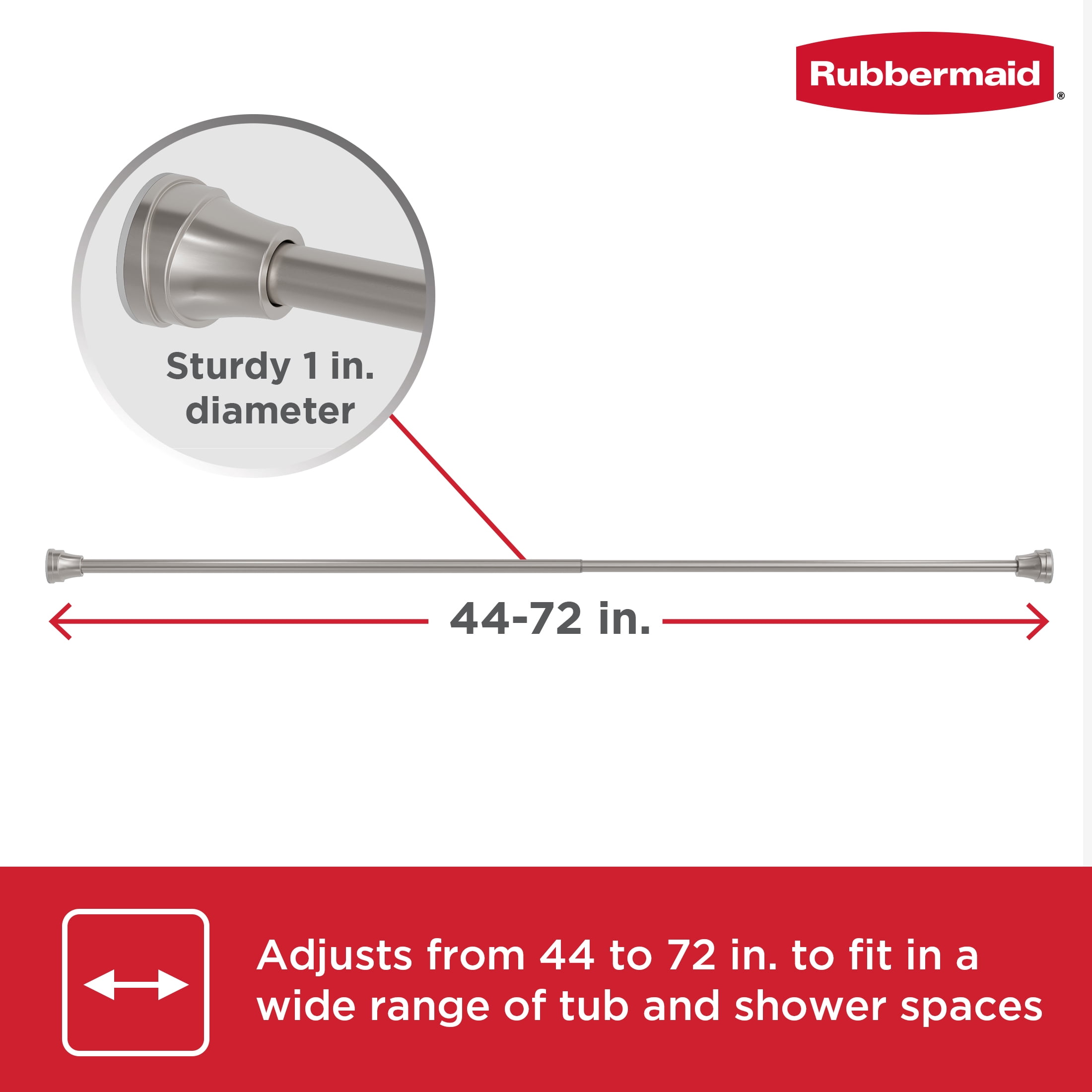 Rubbermaid No Drill Tension or Wall Mount 44" to 72" Adjustable Shower Curtain Rod, Rustproof Stainless Steel, Brushed Nickel
