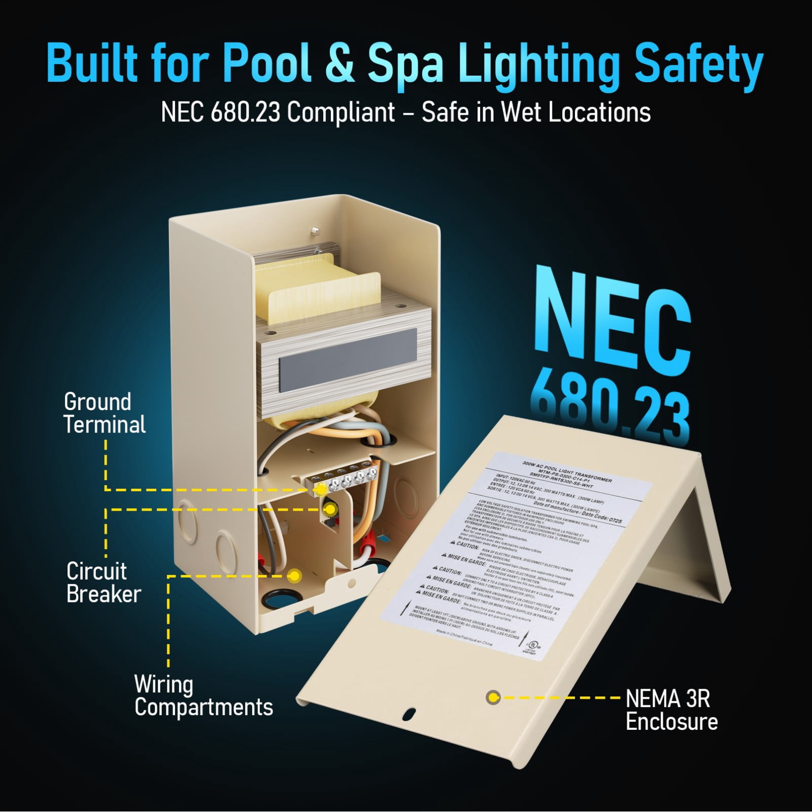 2 Pack 300W AC Pool Light Transformer, 120V to 12V/13V/14V Multi-tap Low Voltage Transformer for Swimming Pool Lighting, Circuit Protection, UL Listed & NEC 680.23