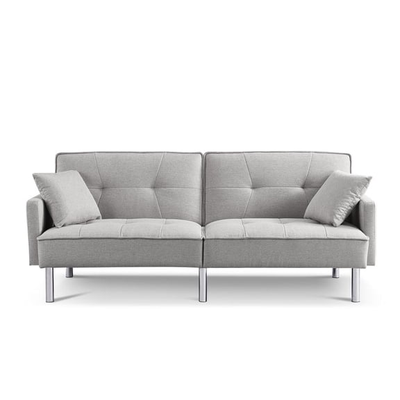 Tufted Futon Convertible Sofa Sleeper w/ Two Throw Pillows in Light Grey Velvet