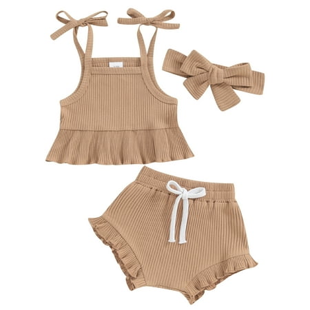 

Fullvigor Baby Girls Knitted Outfits Ruffled Sleeveless Camisole Tops Elastic Waist Shorts Brown 6-12 Months