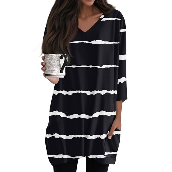 WTOBBY Women's Fashion Casual Retro Geometric Print V-Neck Mid-Length Tunic Tops with Pockets, 3/4 Sleeve Blouses, Comfortable Shirt for Daily Style,Black L