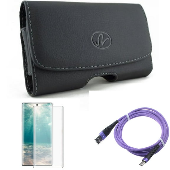 10ft USB Cable & Case Belt Clip & Screen Protector for Samsung Galaxy Note 20 (6.7") - Combo with Purple Type-C & Leather Swivel & Tempered Glass (Fingerprint Unlock)