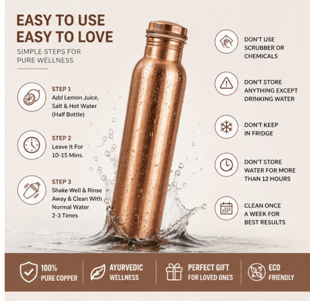 WellSip Copper Bottel | 100% Pure Copper Water Bottle 1000 ML