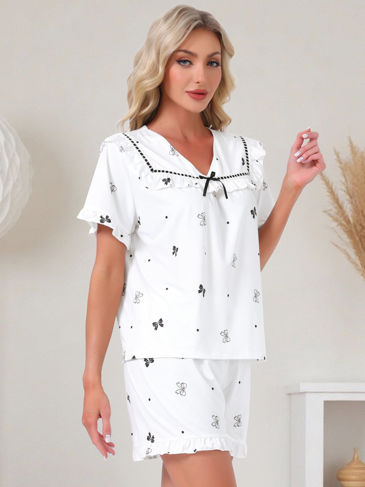DARING DIVA Women's Loungewear Ruffle Babydoll Collared Cute Print Pajama Sets XL Gray